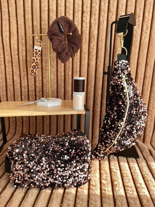 ✨ Éclat Brun — Accessoires en sequins marron & satin noir faits main