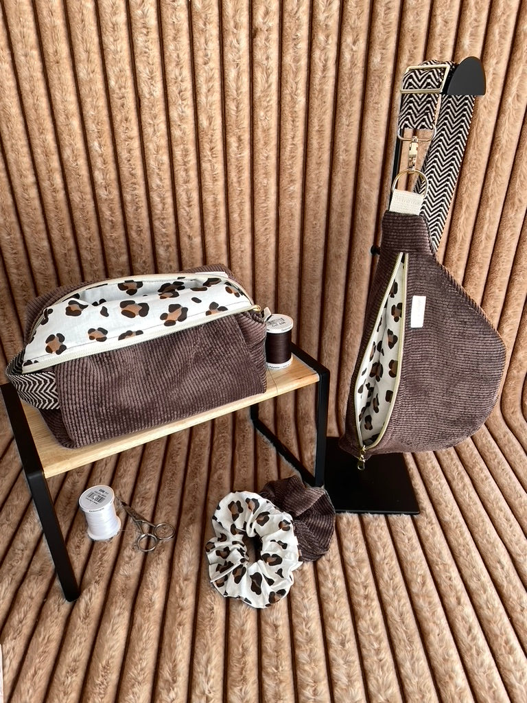 🤎🐆 Velours Safari - Accessoires en velours côtelé marron & doublure léopard