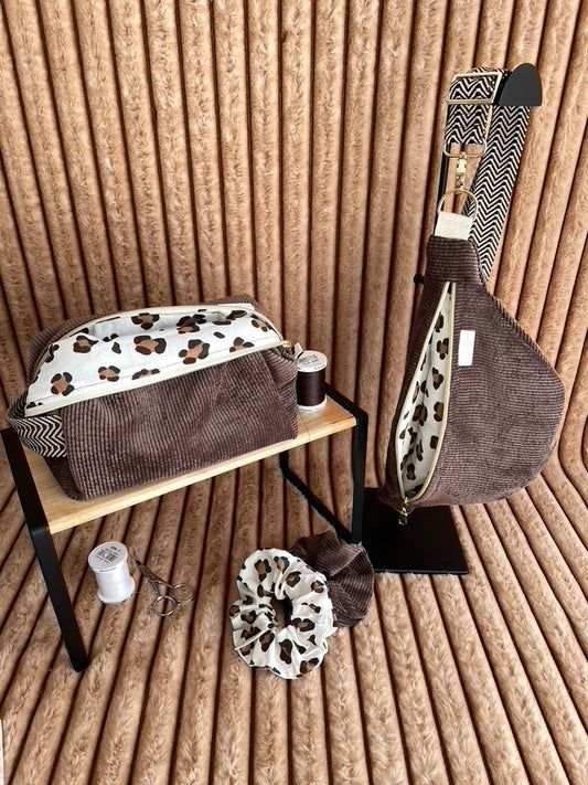 🤎🐆 Velours Safari - Accessoires en velours côtelé marron & doublure léopard