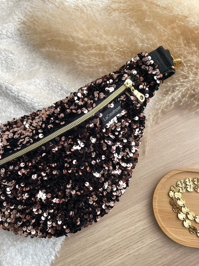 ✨ Éclat Brun — Accessoires en sequins marron & satin noir faits main